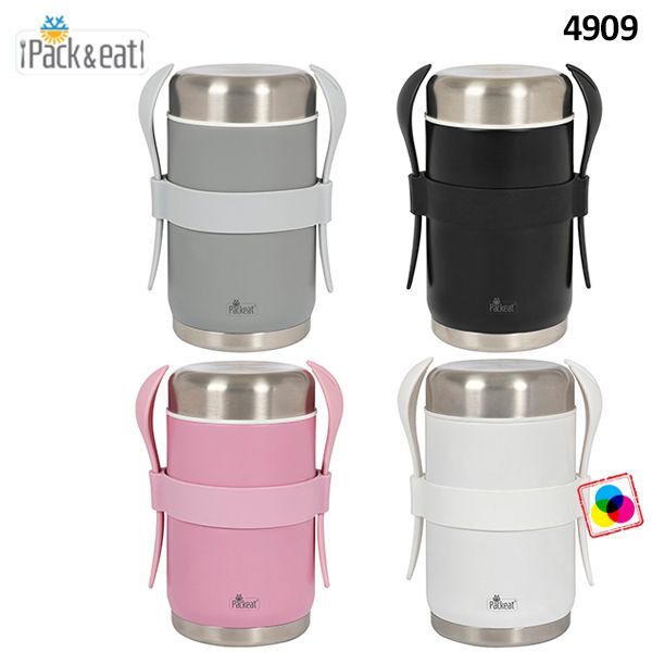 מיכל תרמי מתכת נירוסטה חם/קר לאוכל 500cc מבית Pack&eat כולל מזלג וכף